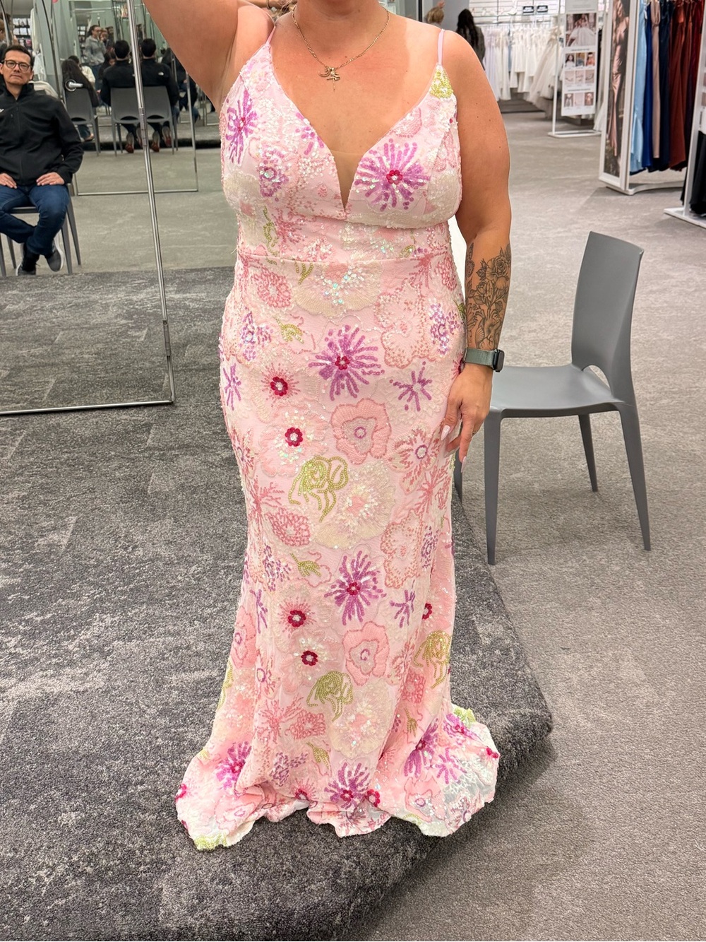 Pink Floral Sequin V-Neck Prom Dress